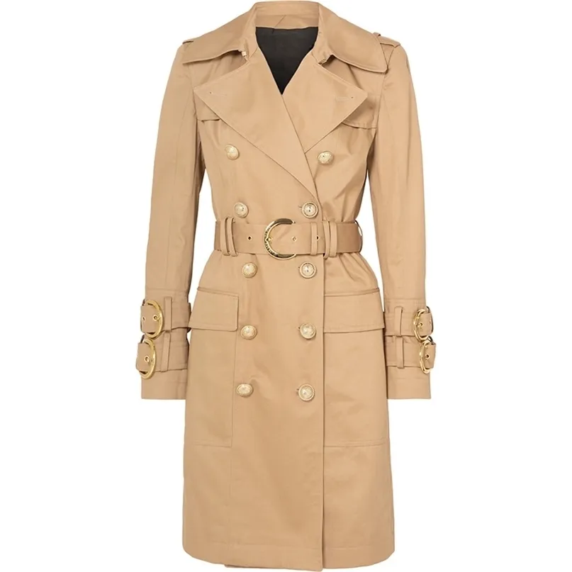 High Street Fall Winter Designer Fashion Women's Elegant Dubbelbröst Lion Knappar Belt Trench Coat 210820