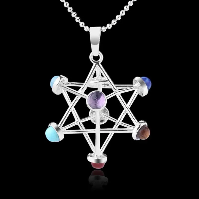 Pendant Necklaces Natural Crystal Hollow Necklace Lady Six-pointed Star Colorful Seven Chakra Power Stone Jewelry Round Bead Chain Women