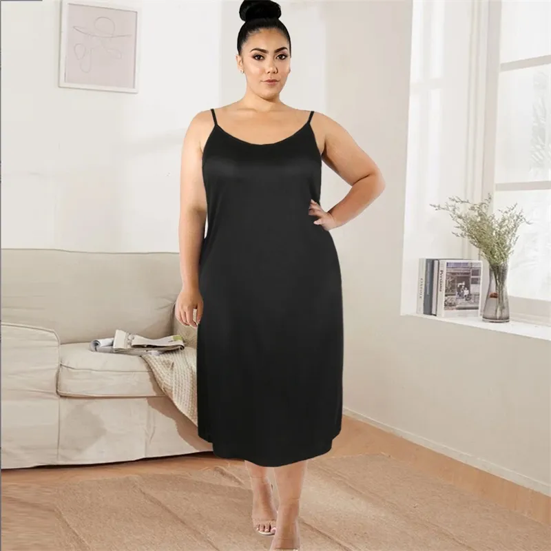 Spaghetti Strap Sexy Dresses Plus Size Black All Match Female Elastic Camisole Tank Robe Casual Loose Summer Fashion 210527