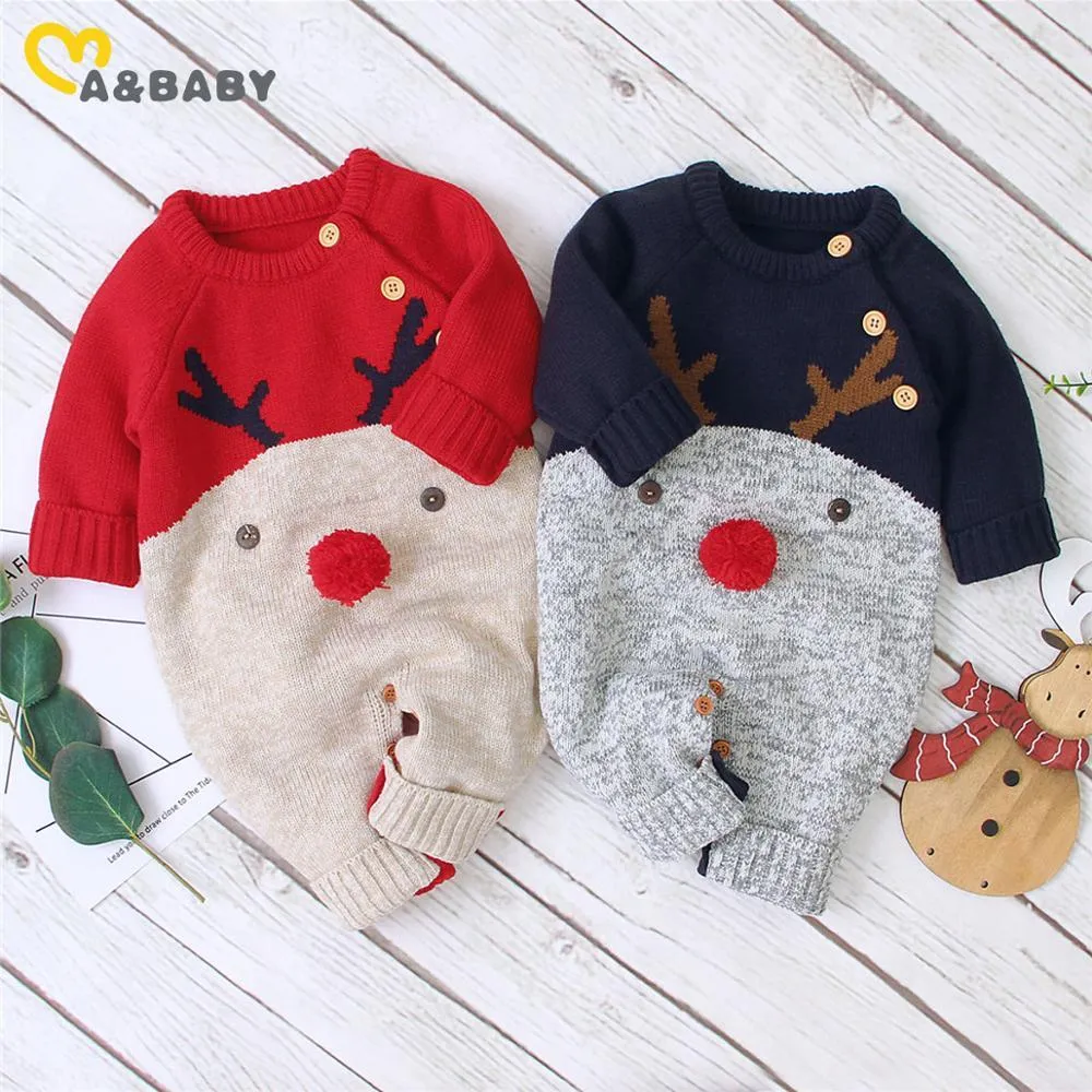 MaBaby 0-18M Weihnachten Baby Kleidung Neugeborenen Jungen Mädchen Deer Strampler Gestrickte Warme Overall Weihnachten Baby Kostüme kleidung 210226