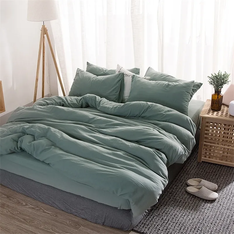 Nordic Simple Solid Bedding Set Adult Duvet Cover Sheet Linen Soft Washed Cotton Polyester Twin Queen King Green Blue Bedclothes 210309