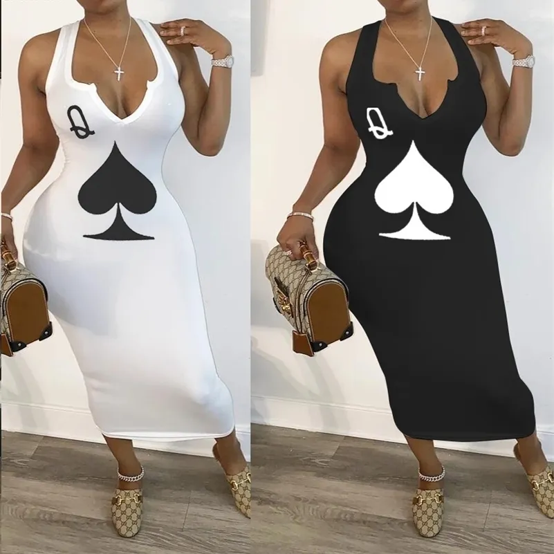 CM.Yaya Summer Women Black Queen Poker Card Bez rękawów V-Neck Tank Bodycon Midi Mid-Calf Dress Club Seksowne Party Dresses 210311