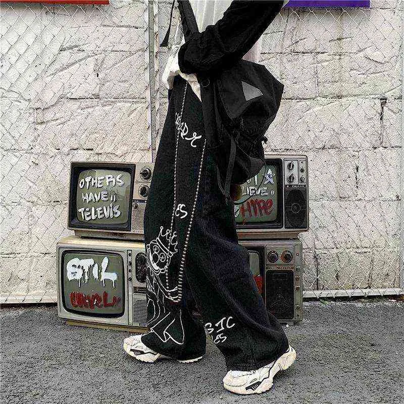 Graffiti printed wide-leg street jeans for women with zipper fly 