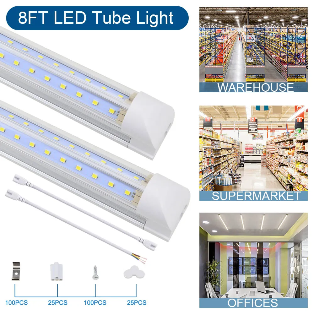 LED Tube Light Shop Lights 8ft 100w 10000lm 6500K Cool White V-Shape Clear Cover Hight Output for Garage Warehouse