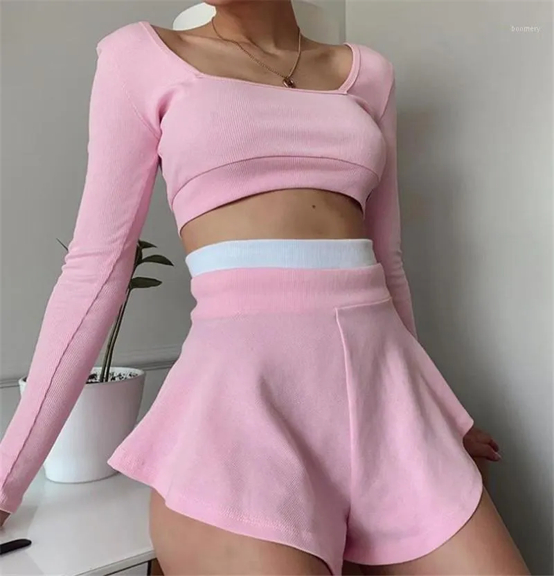 Women's Tracksuits Women Clothes Set Summer Fall Solid Color Long Sleeve Square Collar Crop Tops And Shorts Skirts Casual Homewear 2PCS Fema