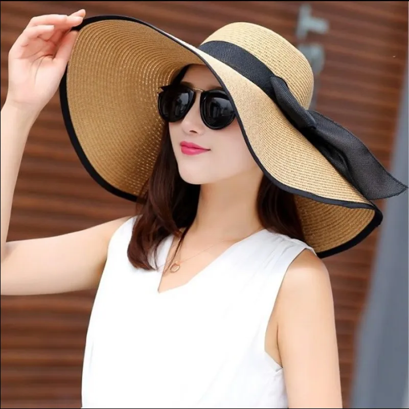 Panama New Fashion Ladies Hats Beach Big Ribbon Bow Large Wide Brim Hat  Women Summer Packable Floppy Beach Sun Hat Straw
