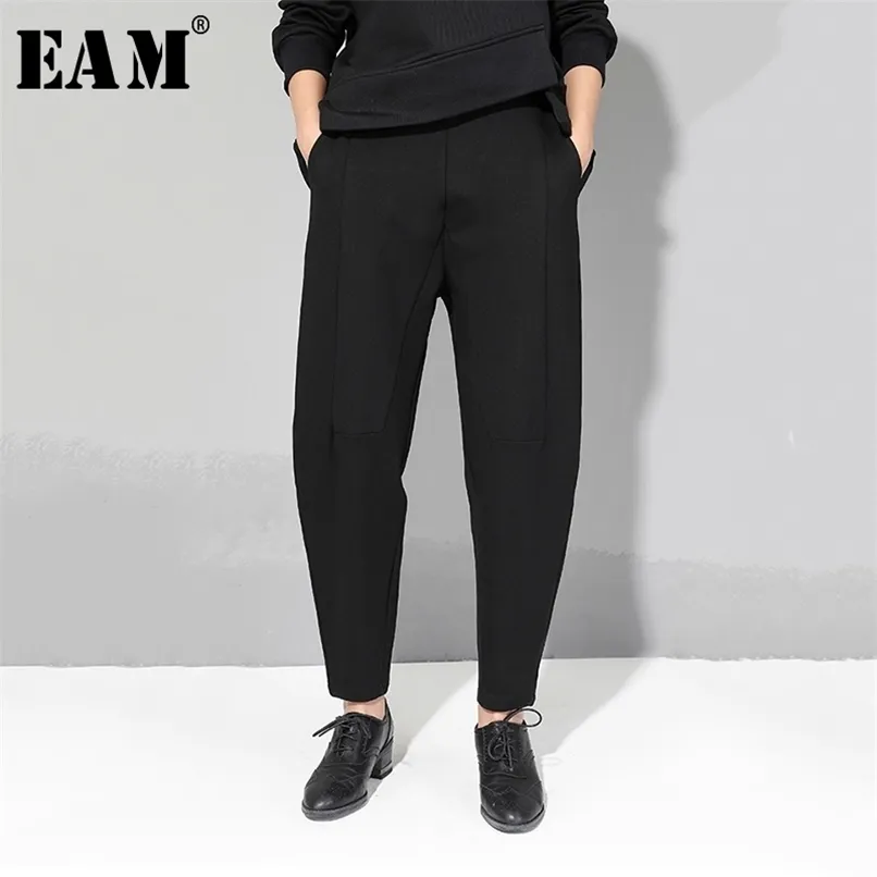 [EAM] Printemps Automne Haute Taille Élastique Noir Lâche Patchwork Split Joint Bref Pantalon Femme Pantalon Mode JQ013 211105