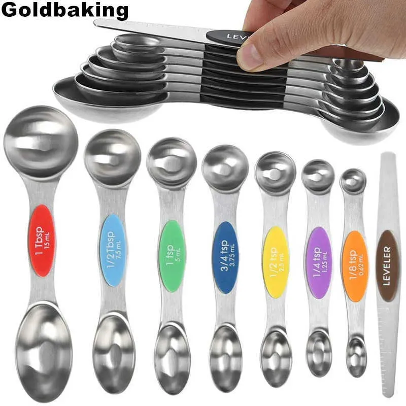 8 Parça Manyetik Ölçme Kaşık Set Çift Taraflı Paslanmaz Çelik Mutfak Ölçeği Aracı Pişirme İstiflenebilir Ölçülebilir Teaspoon 210615