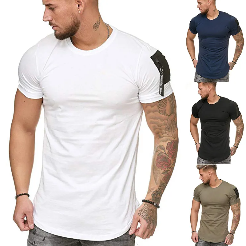 Moda de verão Casual T -Shirt Masculino Moda Zipper Sleeve O -neck Hip Hop T -shirt Top Algodão T-shirt Homens Size M-5XL
