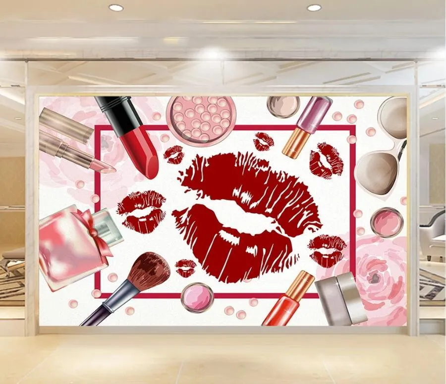 Fondos de pantalla PO 3D Papel tapiz rojo Labios rojos Cosméticos Maquillaje Belleza Nail Shop Decoración Fondos de pantalla PO 3D Papel tapiz rojo Labios rojos Cosméticos Maquillaje Belleza Nail Shop Decoración
