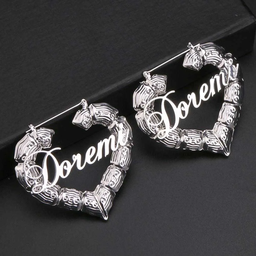 DOREMI 7 cm En Acier Inoxydable Bambou Personnalisé Coeur Boucles D'oreilles Personnaliser Nom Boucles D'oreilles Bambou Style Personnalisé Hoop Boucles D'oreilles Numéros 210924