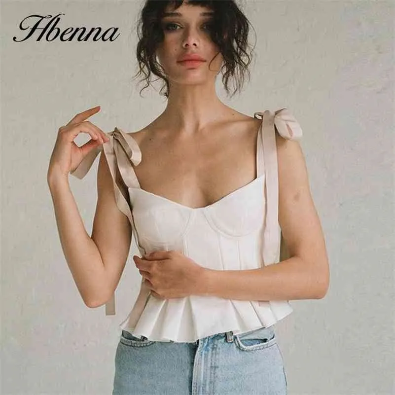 Hbenna Bow Lace Up Crop Top Vrouwen Elegante V-hals Ruffles Hem Camis Pink Strap Tank Top Zomer Wit Ruched Mouwloze Top Sexy 210625