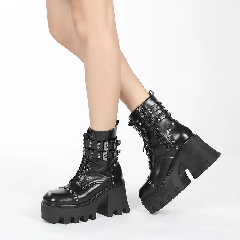 Новые сексуальные девушки цепные женщины кожаные осенние ботинки блочные каблуки готический черный панк стиль платформа обувь женская обувь высокое качество