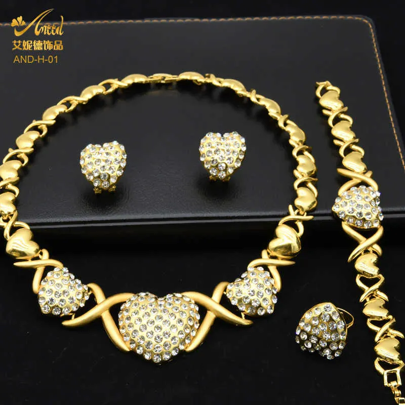 Xoxo or couleur ensembles de bijoux coeur collier boucles d'oreilles de mariage africain bracelet anneau indien nigérian luxe mariée bijoux à la mode H1022