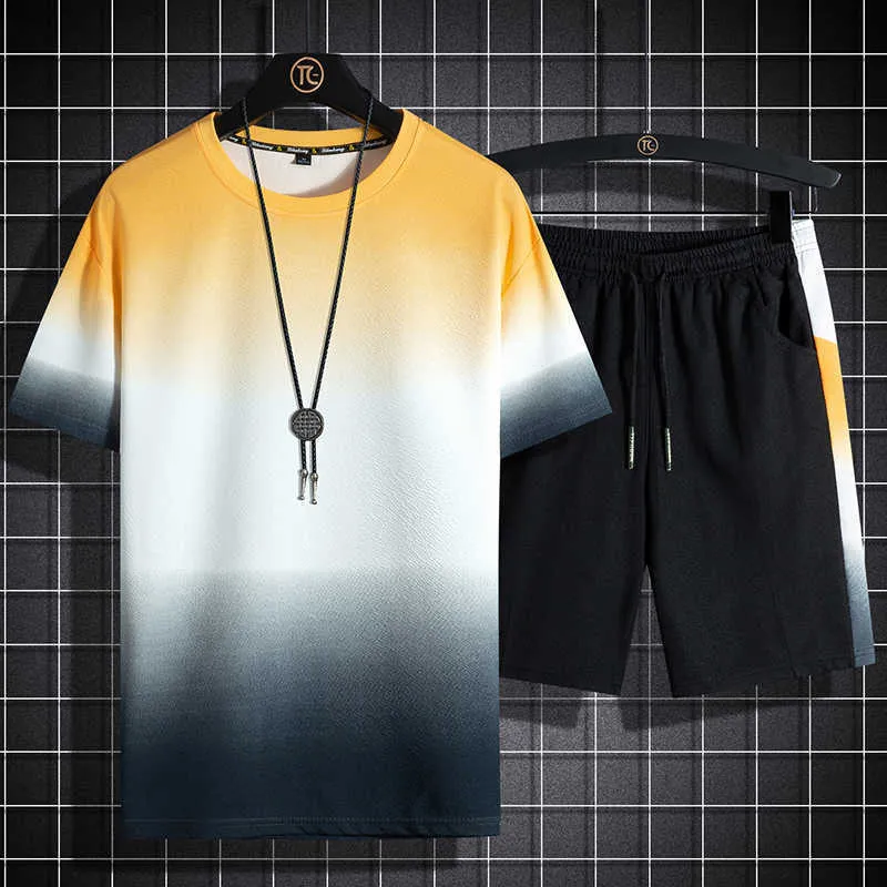 Män Casual Set Fashion 2 st Sweat Suit Short Sleeve T-shirt Shorts Satser Man Sportkläder Tracksuit Sommar Sportsuit 5XL 210714
