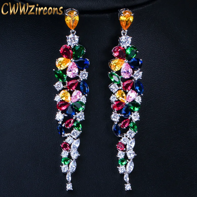 CWWZircons Multi Couleur Fleur Forme Déclaration Cubique Zircone Longue Boucles D'oreilles Pendantes De Mode De Mariée De Noce Bijoux CZ422 220214