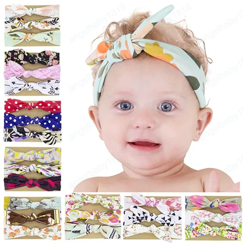 3pcs/lot Vintage Print Bunny Ears Children Elastic Headband Fashion Handmade Knotted Infant Hairband with Dots Baby Accessories