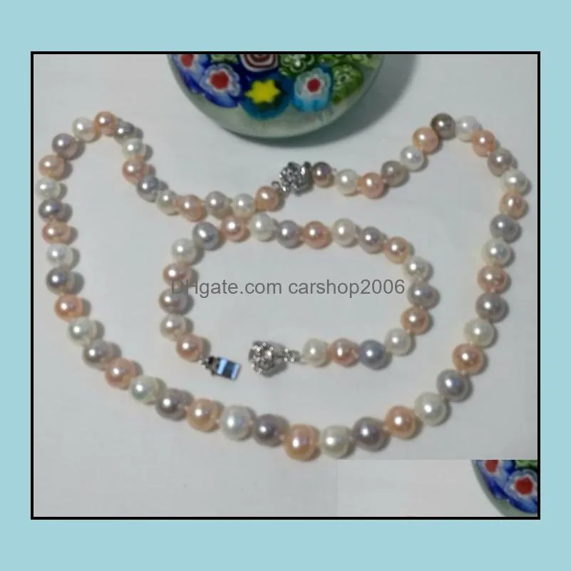 8-9mm Mixed Colors Natural Pearl Beaded Necklace+ Bracelet 925 Silver Clasp Women`s Gift Jewelry