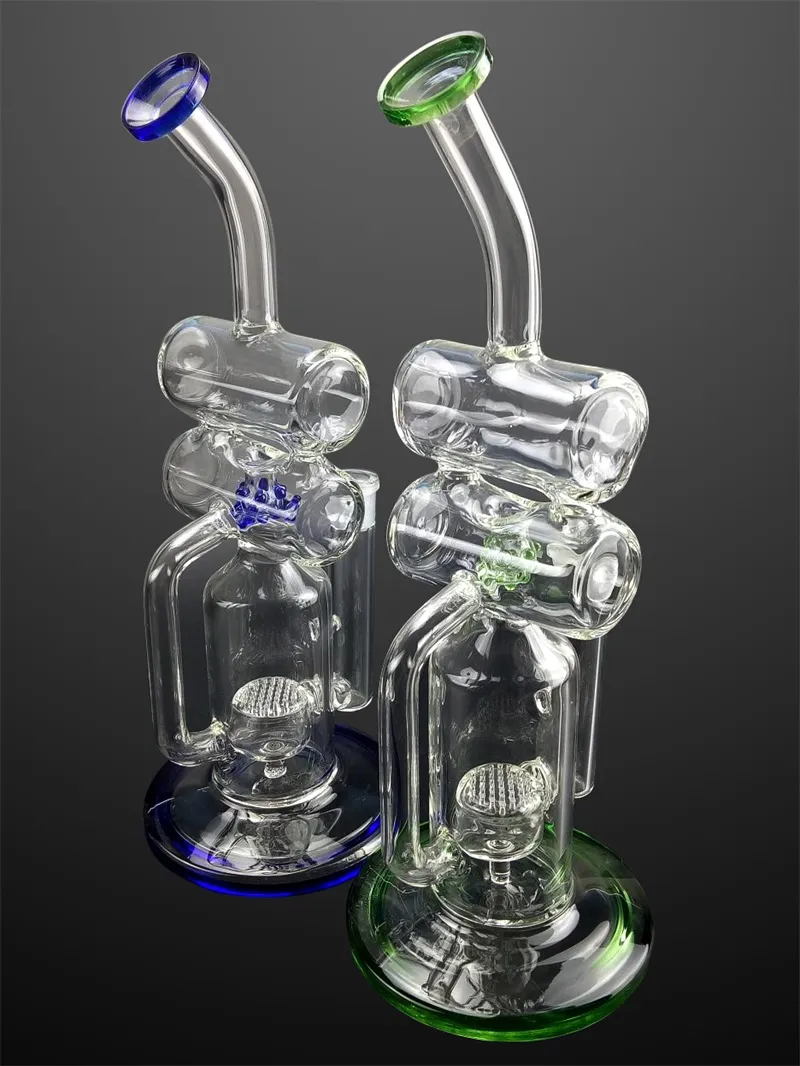 Narghilè d'acqua in vetro verde / blu con filtro Bong Oil Dab Rig Recycler Pipe da fumo 14mm accessori per giunti femminili