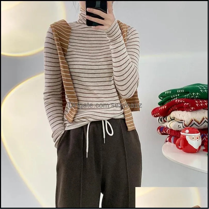 Women`s Sweaters 2022 Spring Turtleneck Elastic Women Stripe Sweater Autumn Slim Long Sleeve Tops Basic Bottoming Shirts