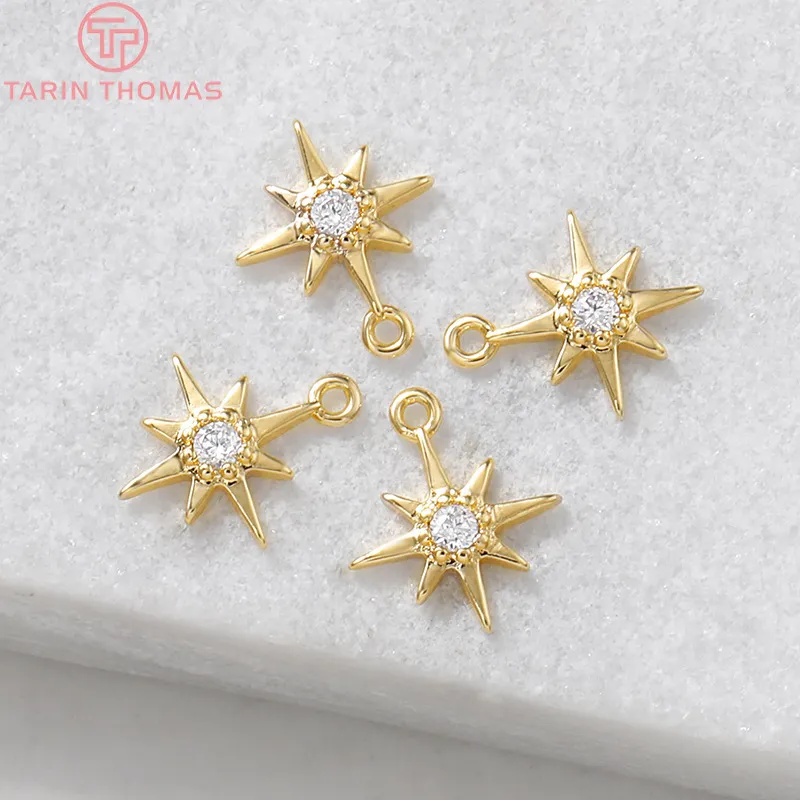 6 adet 11mm 24 K Altın Renk Kaplama Pirinç Ile Zirkon Patlama Altı Yıldızlı Charms Kolye Yüksek Kalite DIY Takı Aksesuarları