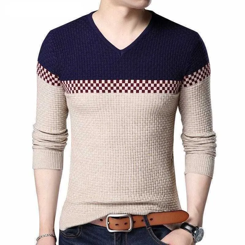 2021 Jesień zima ciepłe swetry wełniane casual hit color patchwork v-neck sweter mężczyźni marka szczupła fit bawełniany sweter Y0907
