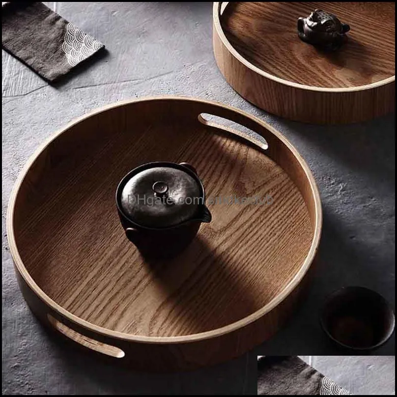 Round Serving Bamboo Wooden Tray for Dinner Trays Bar Breakfast Container Handle Storage ZZD8861