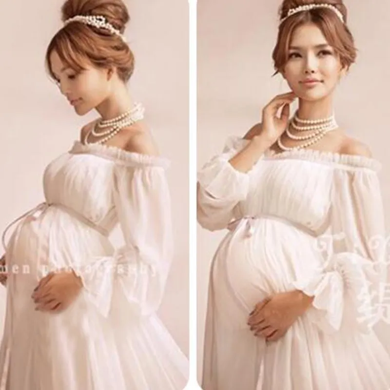 Yeni Kraliyet Tarzı Beyaz Annelik Dantel Elbise Hamile Fotoğraf Sahne Gebelik Annelik Fotoğraf Çekimi Uzun Elbise Gecelik