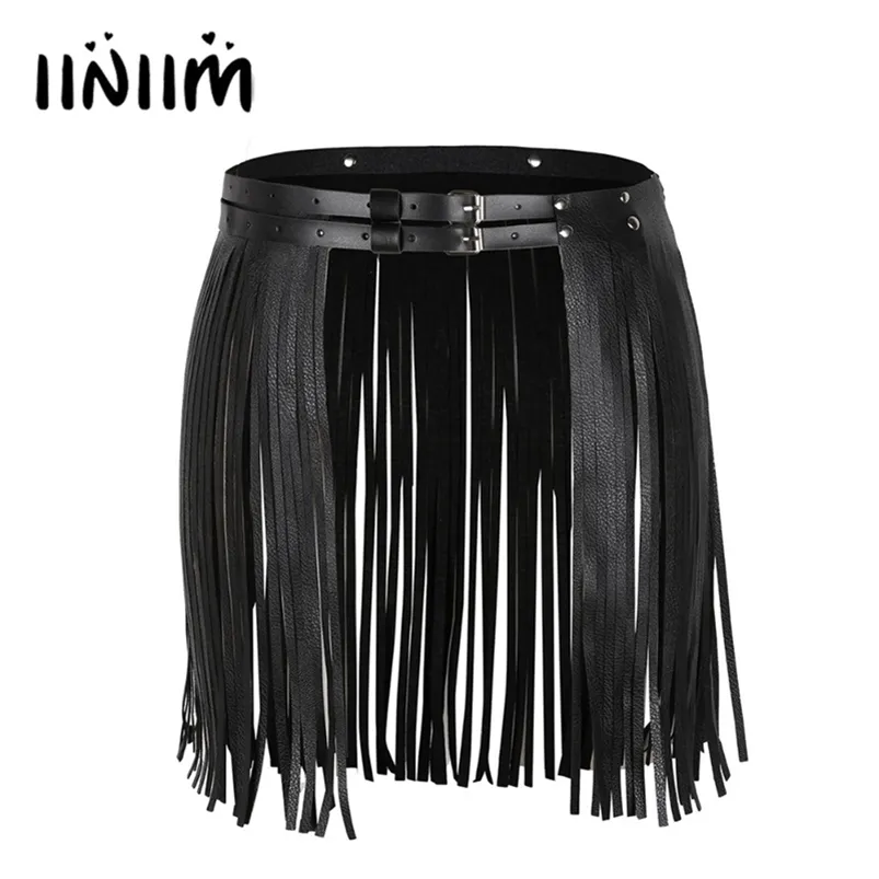 Womens Adult Adjustable Faux Leather Waistband Fringe Tassel Skirt Belt Nightclub Costume Cosplay Parties Skirts for Halloween 210621