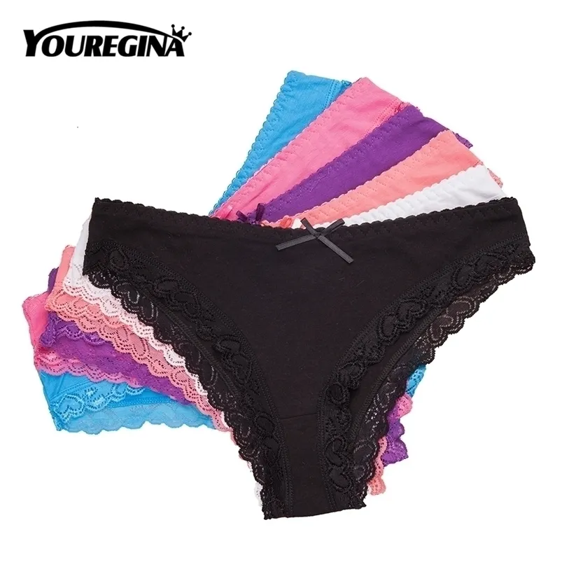 Women's Panties Sexy Lace Cotton Briefs Solid Color Low Rise Knickers Plus Size Girls Underwear Ladies Lingerie M L XL 6 Pcs/set 210730