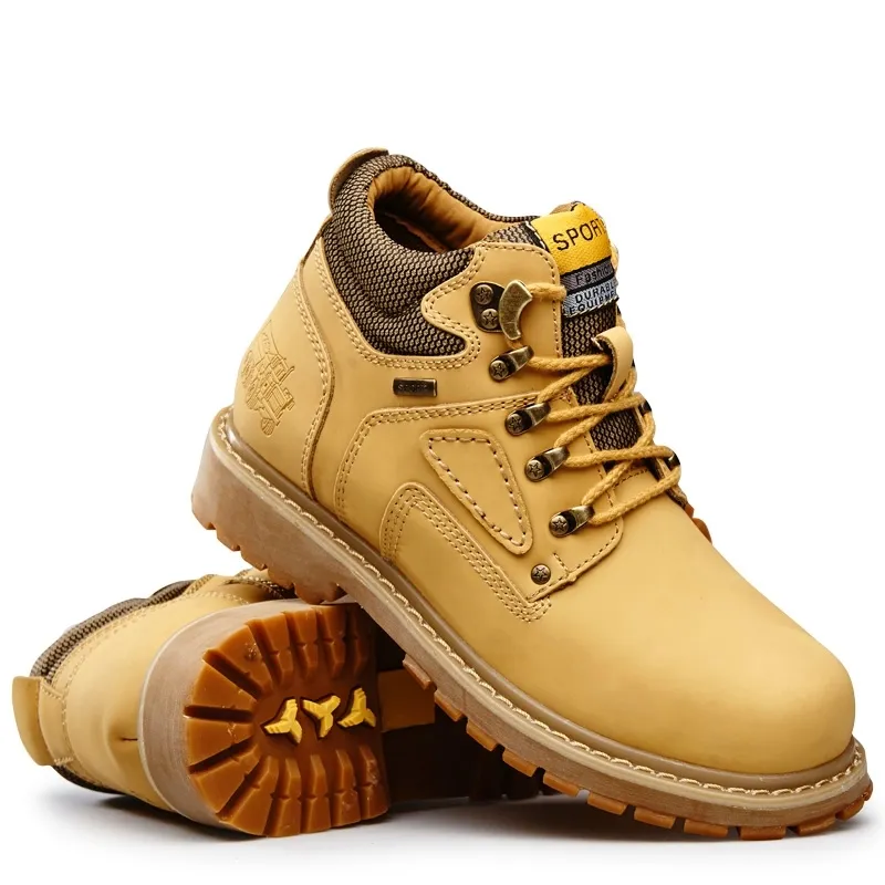 Jaune Chat En Cuir Cheville Bois Casual Terre Travail Bottes Imperméable Bot Hommes Chaussures D'hiver Grande Taille 210315