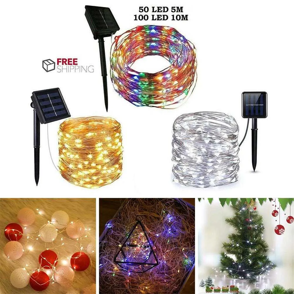 60/100 LED guirlande lumineuse solaire fée guirlande fil de cuivre guirlande lumineuse extérieure étanche guirlande de noël éclairage jardin décor Y0720