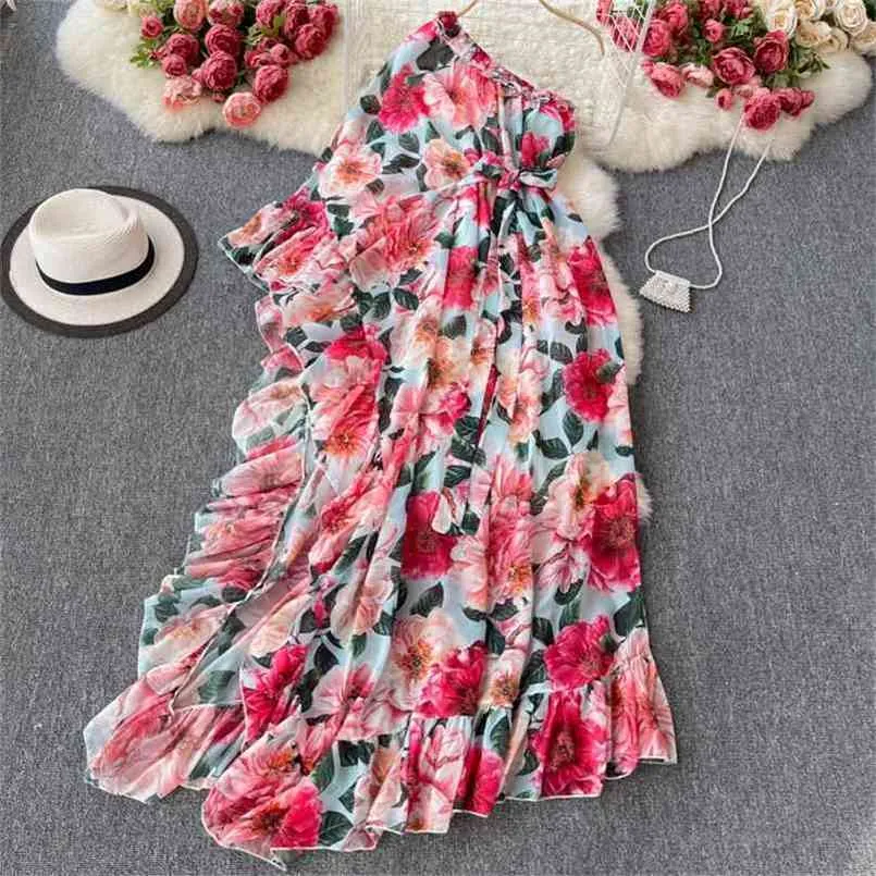 Bohemian Floral Print Maxi Dress Women Summer Chic One Shoulder Sleeveless Ruffles Sash Lace-up A-line Holiday Beach Long 210603