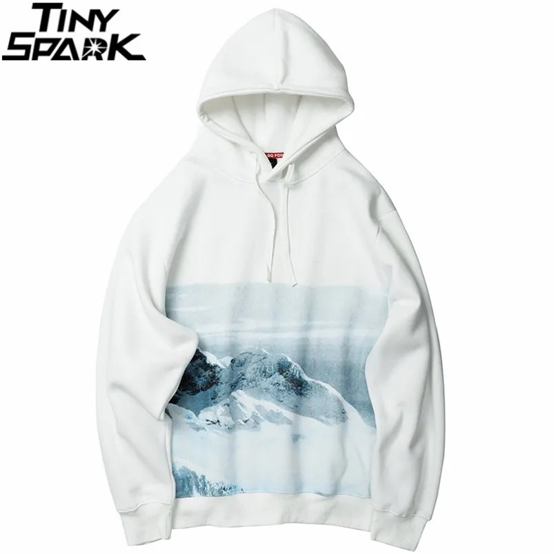 Männer Hip Hop Hoodie Sweatshirt Streetwear Schnee Mountain Print Pullover Harajuku Baumwolle Beiläufige Kapuzenshirt mit Hoodie Sweat Shirt Weiß 210715
