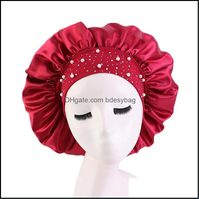2021 New Soild Color Rhinestones Pearl Decoration Satin Bonnet With Elastic Band Soft Night Sleep Cap Hair Accessories Hair Care Hat