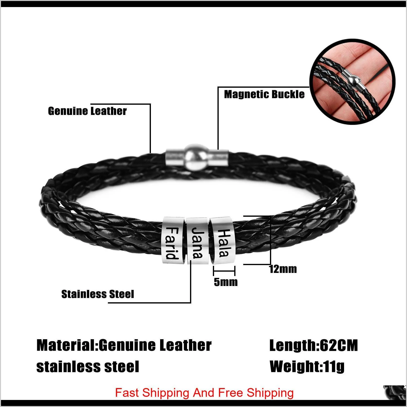 personalized mens braided genuine leather bracelet stainless steel custom beads name charm bracelet for men with family names