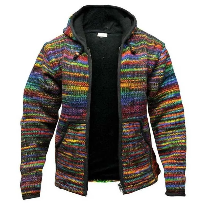 Mens Retro Hippie Hippie Hoodie Zipper Cardigan Bohemian Jaqueta Casaco Outwear Inverno 211214