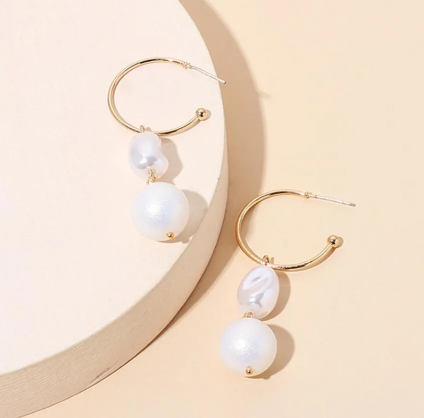 C-shaped Irregular Double Pin Pearl Earrings for Women