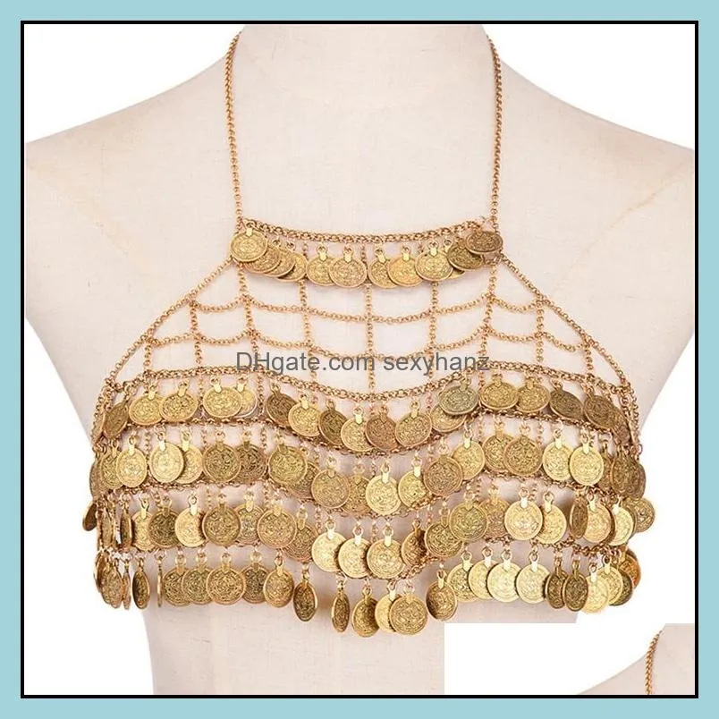 Exaggerated fashion personality body chain metal heavy industry multi-layer coin tassel chest chain