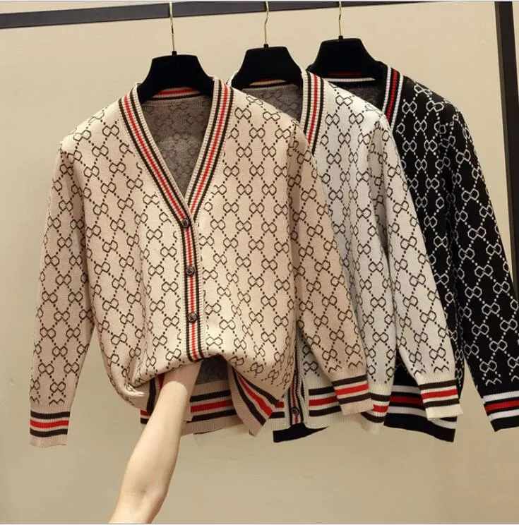 2021 Europese en Amerikaanse lente herfst nieuwe losse v-hals trui dames diamant cardigan winterjas met wollen kleding voor vrouwen