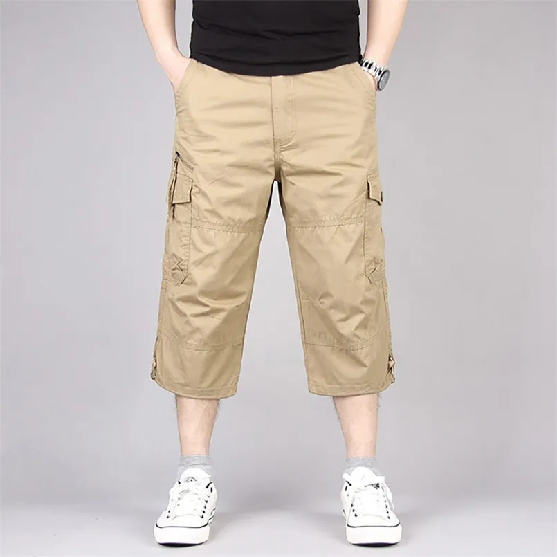 夏の男性のショーツマンカジュアルなファッション特大の貨物パンツマルチポケットミリタリートリミングズボン服Homme Cotton Short 210716