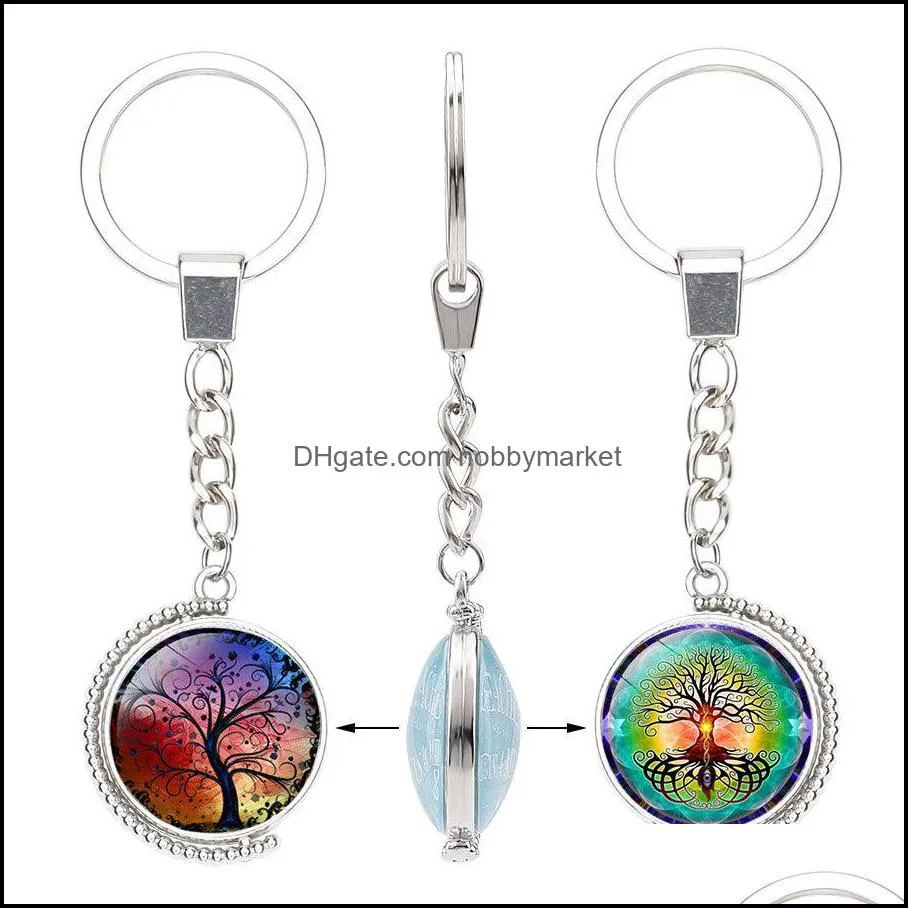 Keychains Fashion Aessories Tree Of Life Double Sided Rotable Glass Cabochon Time Gemstone Key Chain Sier Metal Rings Jewelry In Bk Drop Del