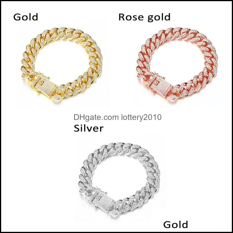 Link, Chain Luxury Rhinestone Bracelet Women Men Hiphop Cuban Link Bracelets Simple Design Gold Silver Color Jewelry Gifts 2021