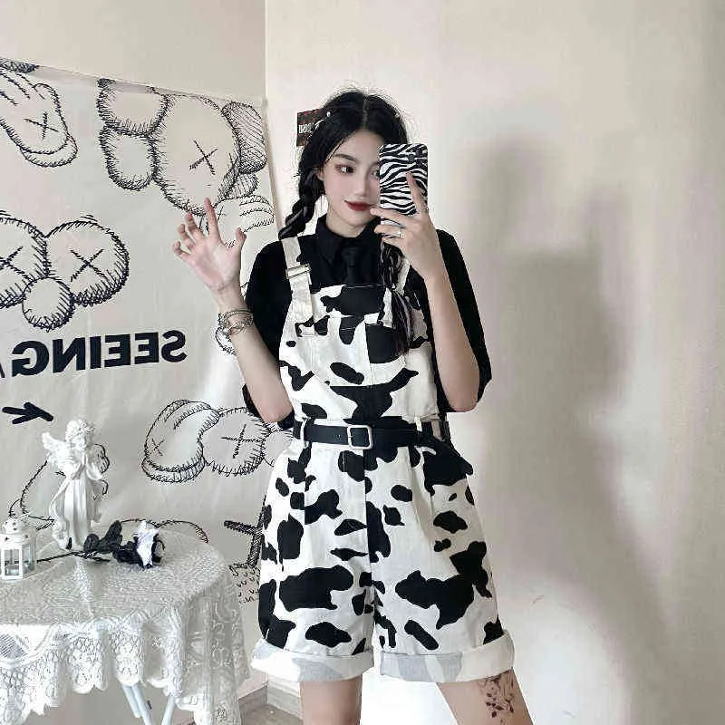 Yujun Street Hip-Hop Harajuku Salopette Fille Vache Imprimée - Combinaison Pantalon Baggy Femme