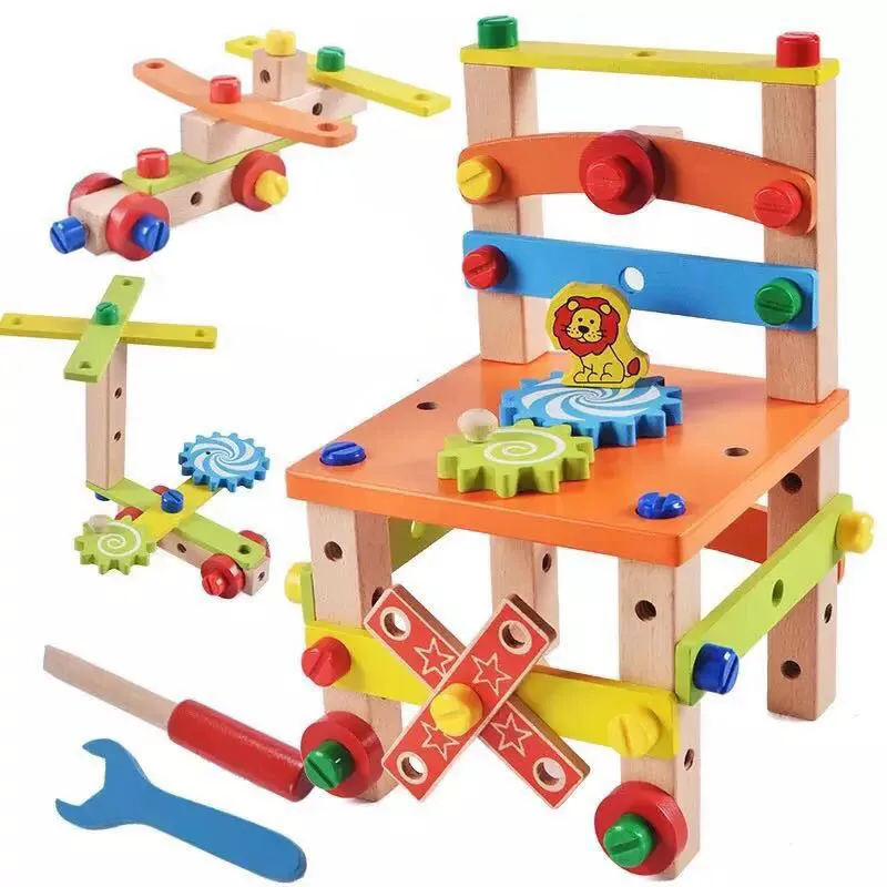 Sedia di montaggio multifunzionale colorata per bambini Giocattoli Strumento di smontaggio di design in legno per bambini che imparano il giocattolo educativo in legno 210312