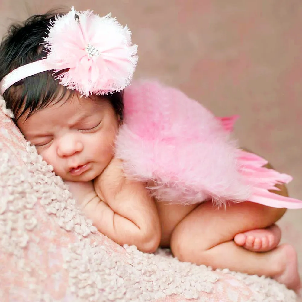 Baby Angel Wing + Elastische Chiffon Bloem Hoofdbanden Cosplay Fotografie Props Set Pasgeboren Mooie Roze Witte Veer Kostuum Foto Hoofdband Baw04