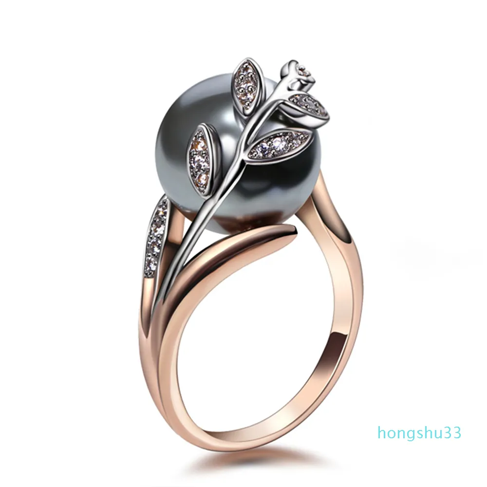 Модное кольцо цвета розового золота с большим серым жемчугом, женское листовое модное украшение, дропшиппинг