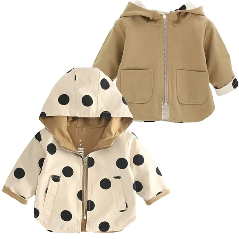 Dziecko Kurtka Dziewczyny Dwustronne Odzieży Wierzchniej Maluch Płaszcze Sportowe Dzieci Odzież z kapturem Wiosna Jesień Chłopcy Polka Dot Trench Coat 211011