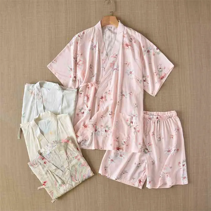 Japansk stil kimono kortärmad shorts sommar damer pyjamas kostym bomull hem service kvinnor rosa 210809