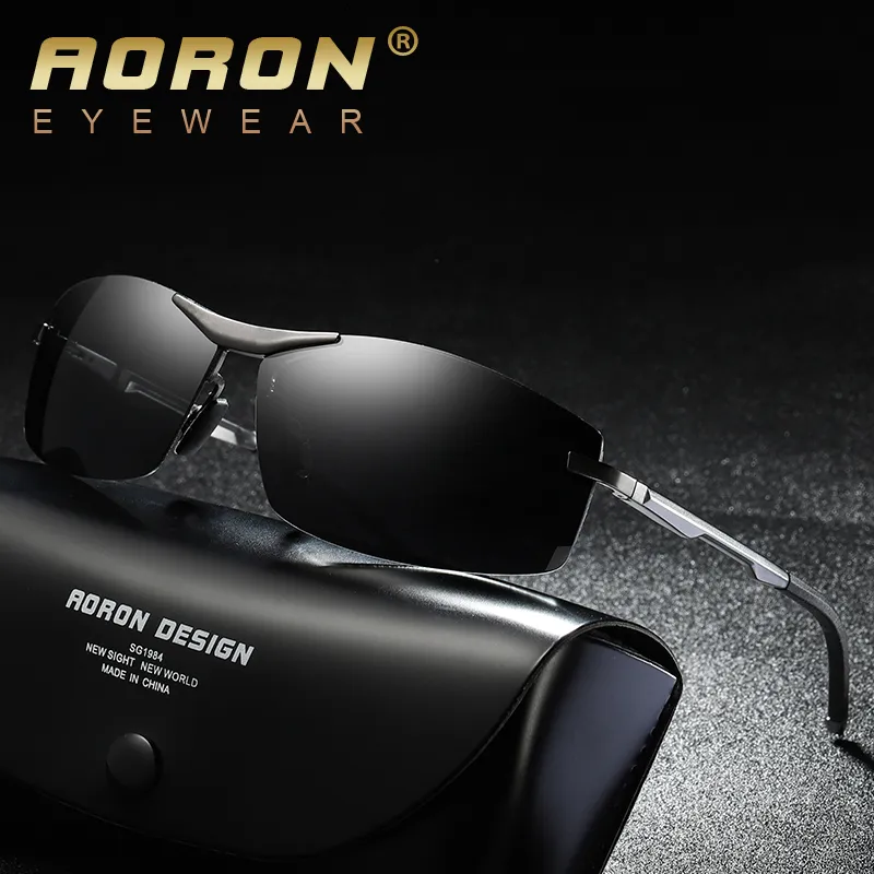 Aoron Mens Polariserade Solglasögon Kör Rektangel Solglasögon Aluminium Frame Suglasses Män UV400 Anti-Reflective